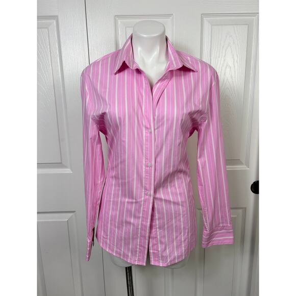 Zara Pink White Striped Collared Slim Fit Poplin Button Down Womens Shirt Size M - Picture 3 of 10